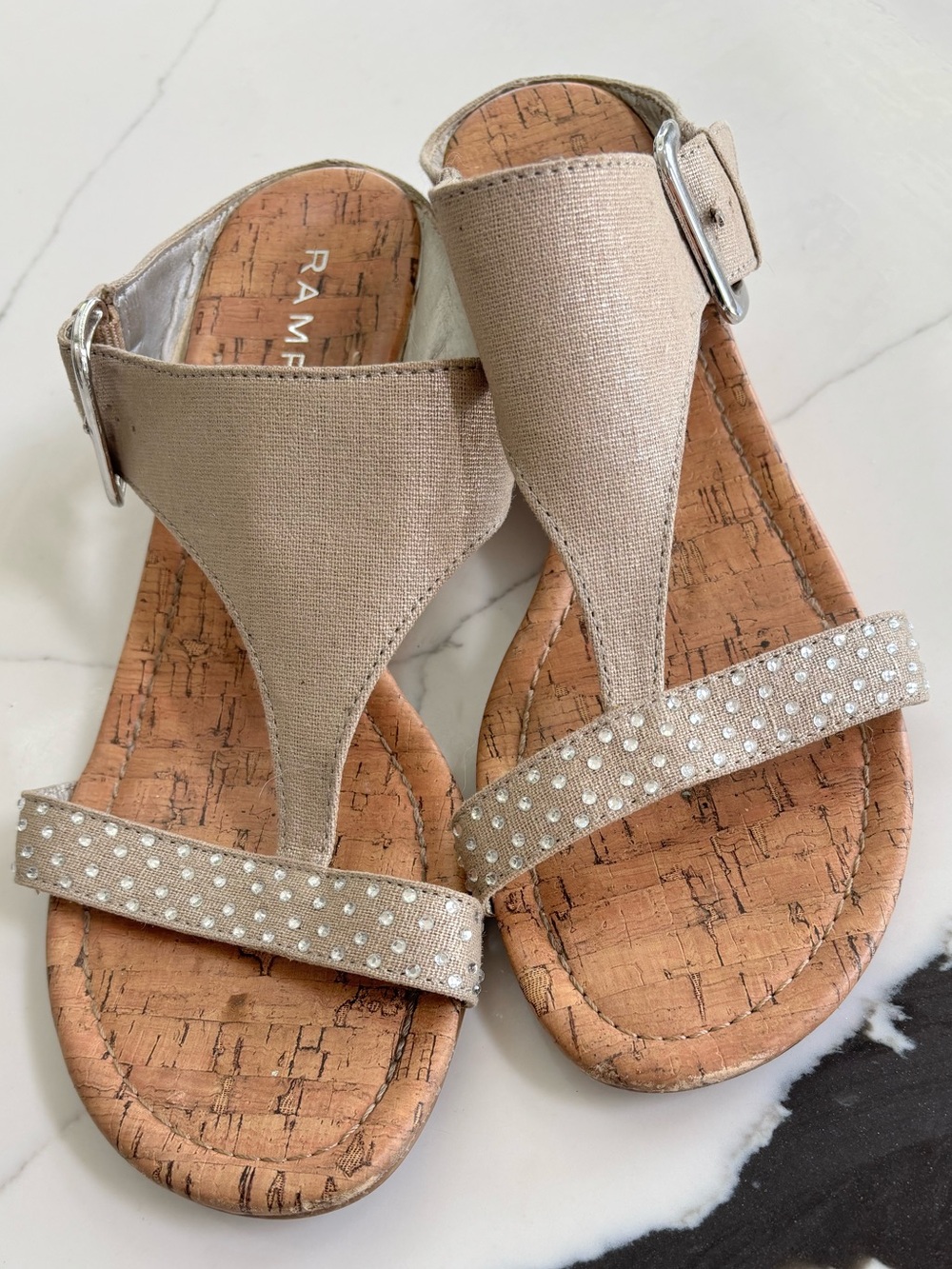 Rampage Taupe T-Strap Sandals with Rhinestone Toe Strap